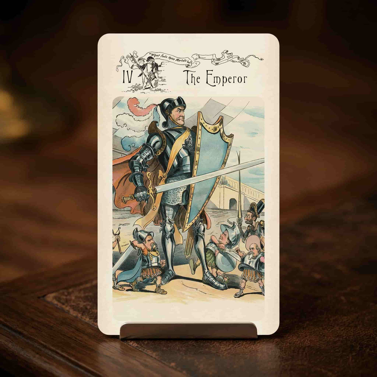 Vestige Tarot The Emperor card, armoured knight with sword and shield, vintage political cartoon art