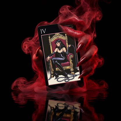 Les Fantaisie d'Amour Tarot The Emperor card, queen on throne framed by red smoke, lips and red nails
