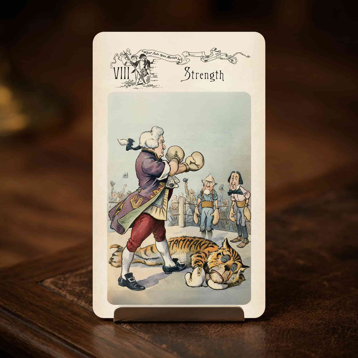 Vestige Tarot Strength card, powdered-wig boxer knocking out a tiger, restored historical illustration