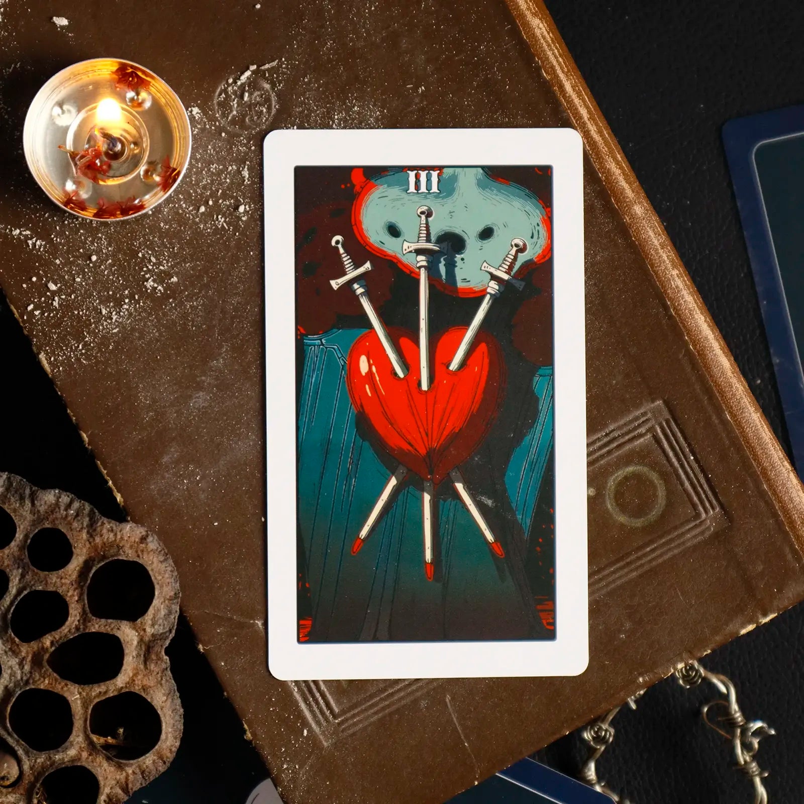 Tarot card with three swords piercing a heart on a dark surface with a lamp.