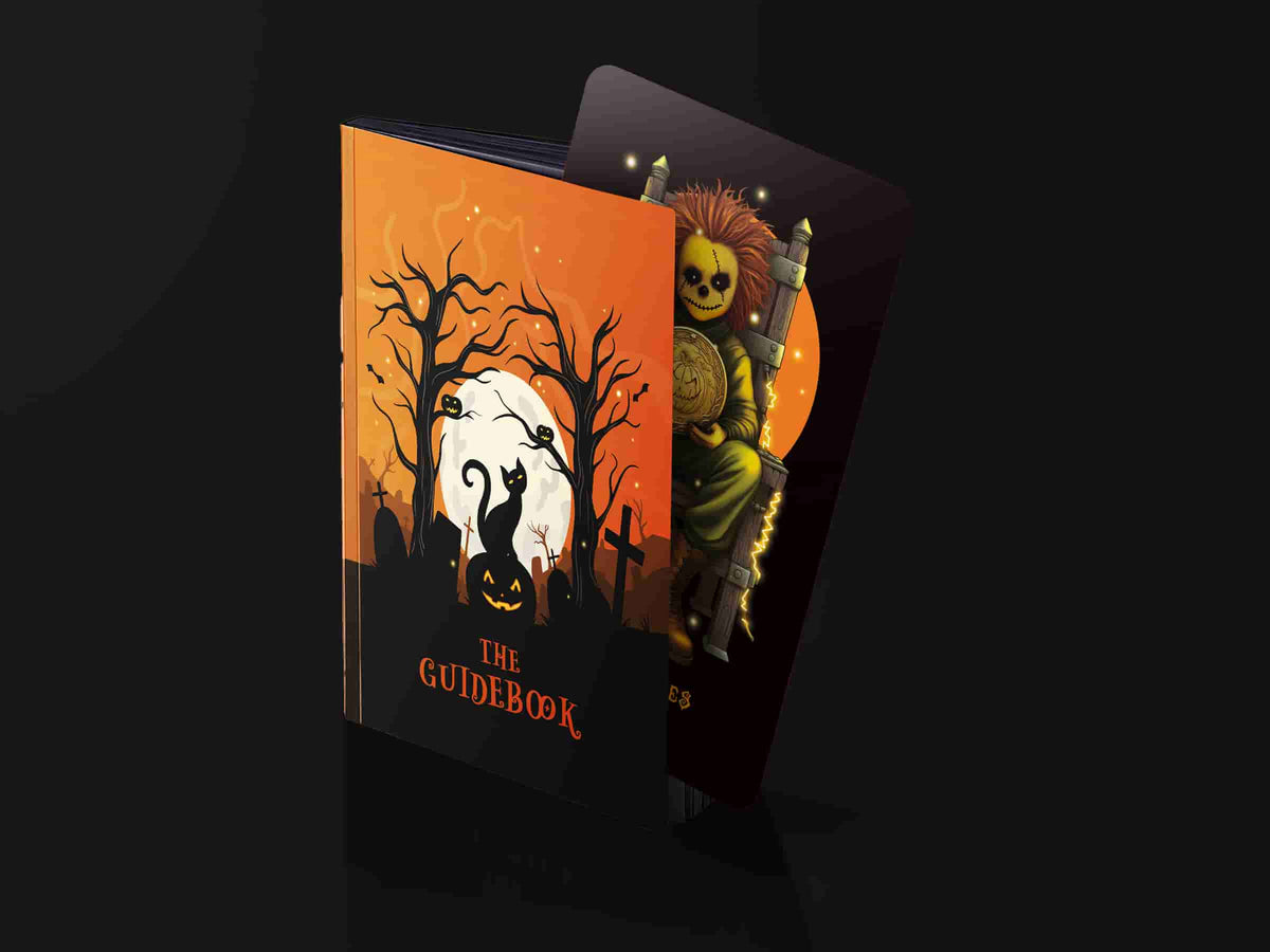 An open spread from the printed Halloween Tarot guidebook