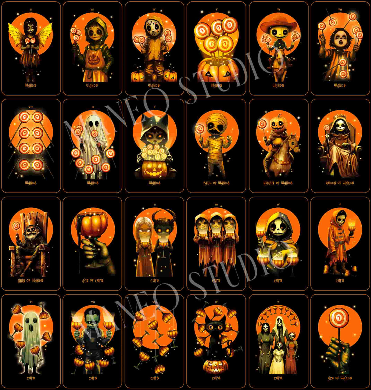 Collection of Halloween-themed illustrations with pumpkins and ghost characters on a black background.
