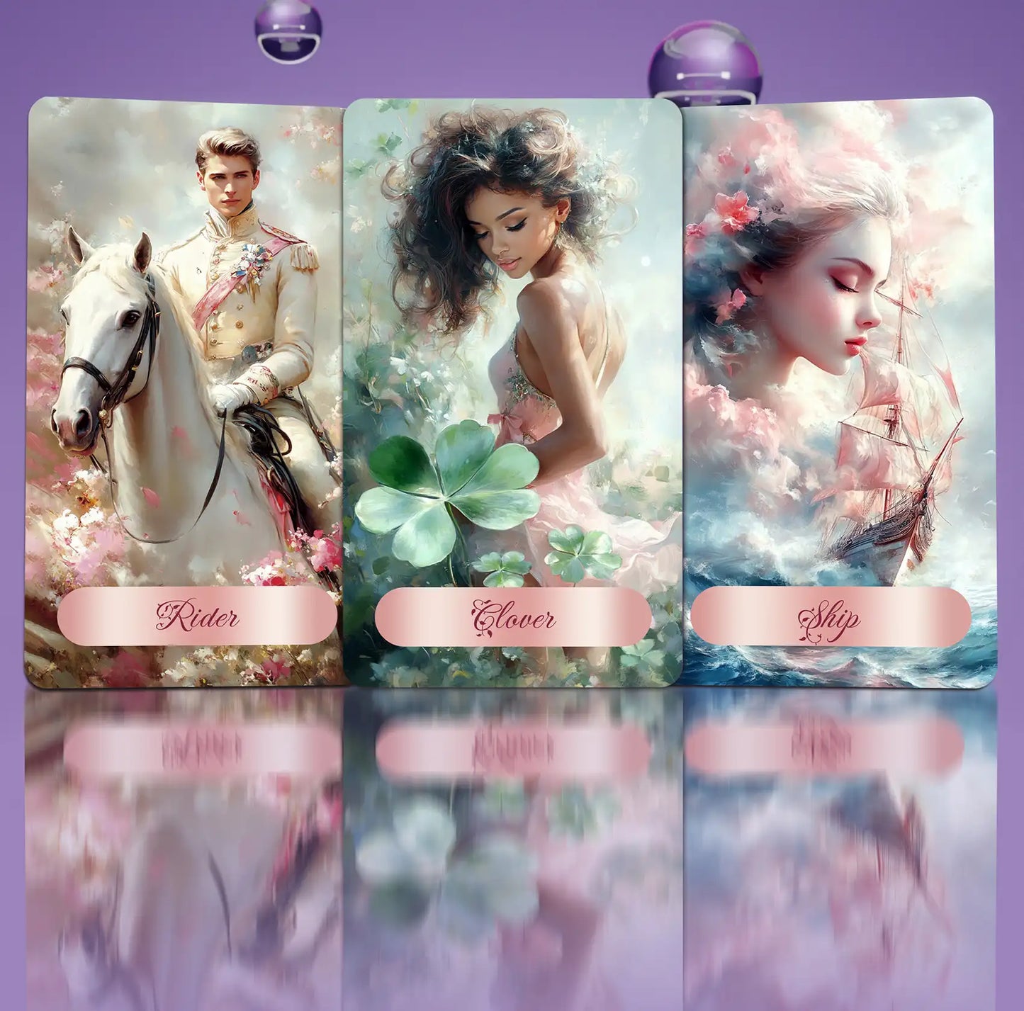 Three lenormand card illustrations with a rider, clover, and ship on a purple background.