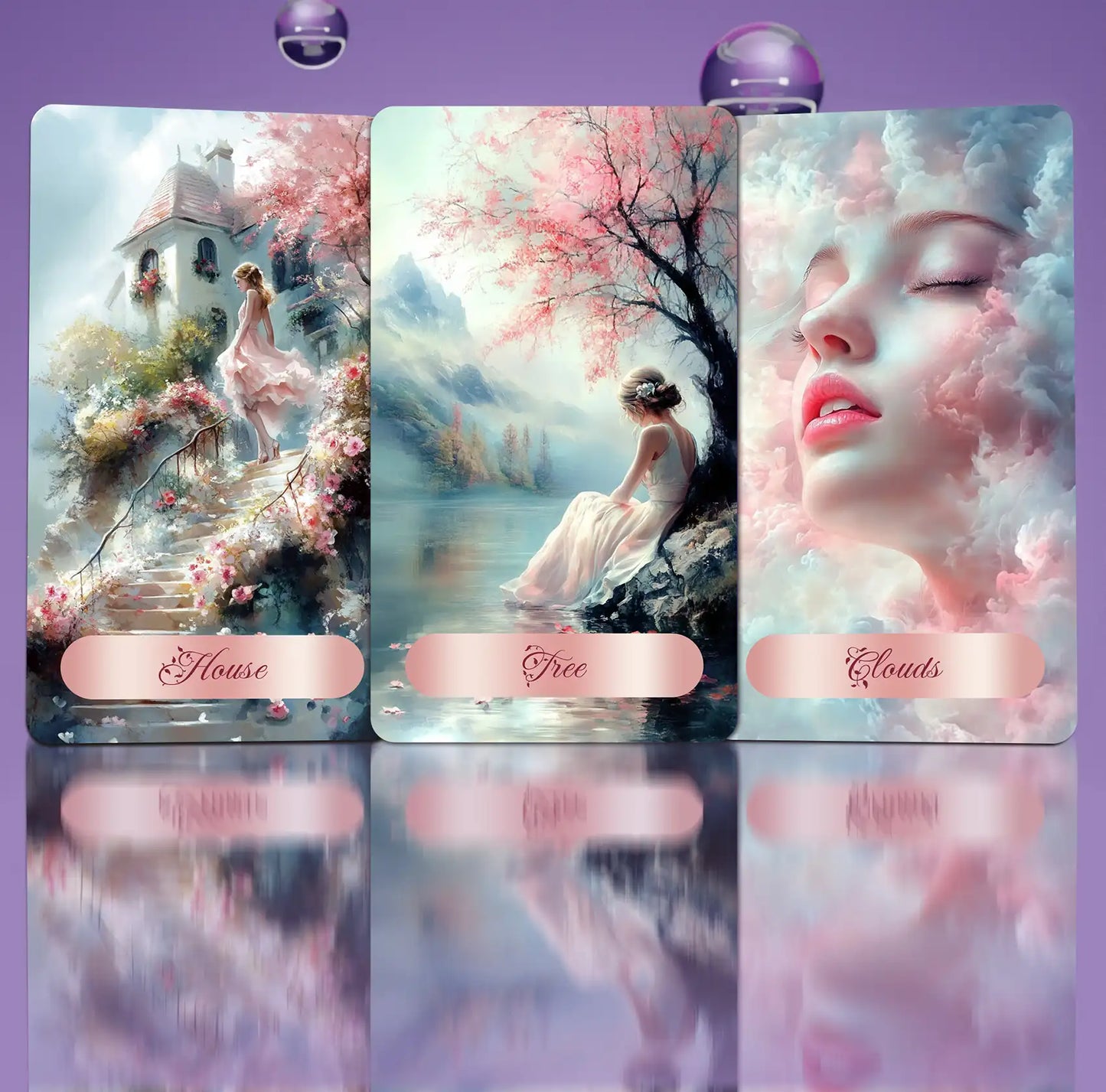 Three artistic lenormand cards with floral and nature-themed illustrations on a purple background.
