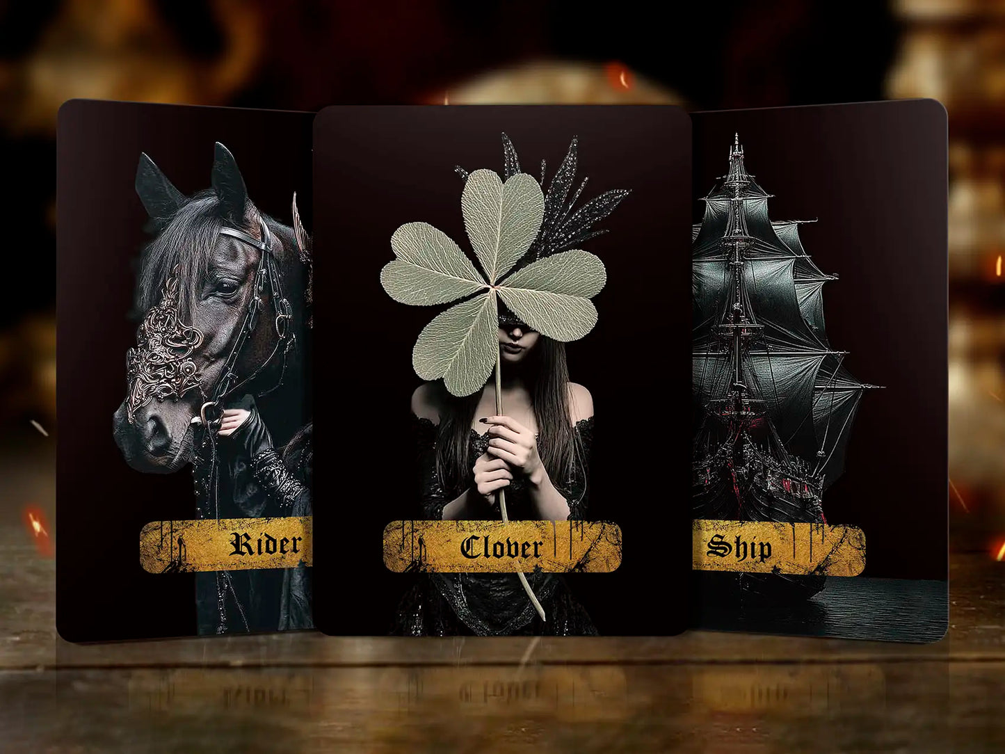 Three tarot cards featuring a horse, a clover, and a ship on a dark background.