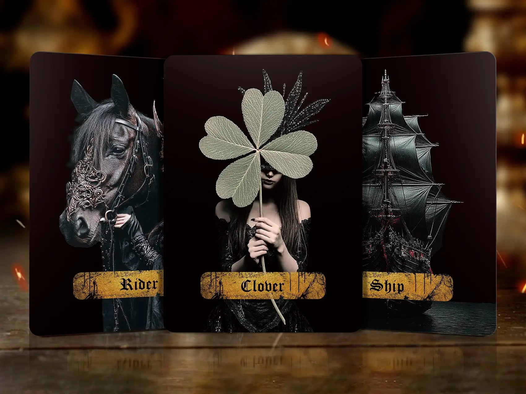 Three tarot cards featuring a horse, a clover, and a ship on a dark background.