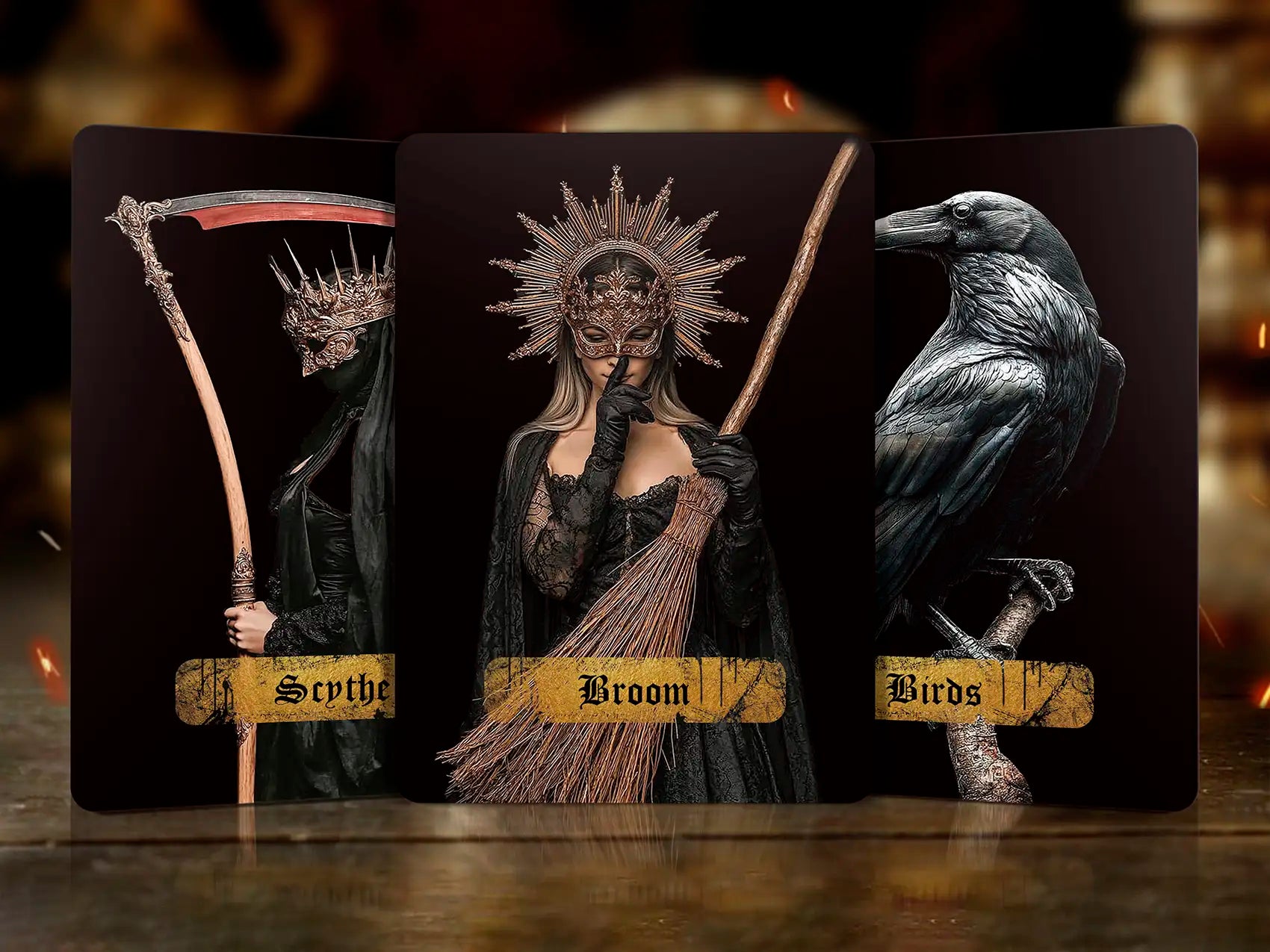 Three tarot cards featuring a scythe, broom, and raven on a dark background.