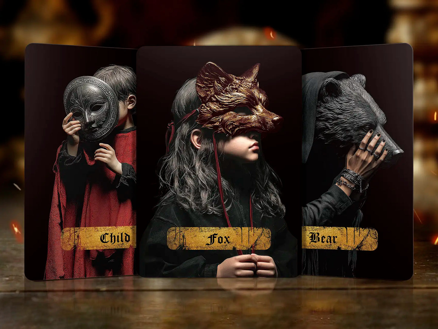 Three cards featuring a child, fox, and bear with animal masks on a dark background.