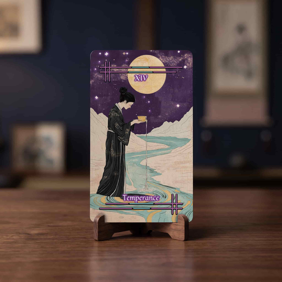 Tabi no Kokoro Tarot Temperance card, woman in black kimono pouring water under full moon