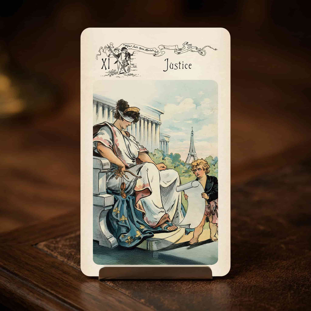 Vestige Tarot Justice card, blindfolded Lady Justice with the Eiffel Tower, restored Puck illustration