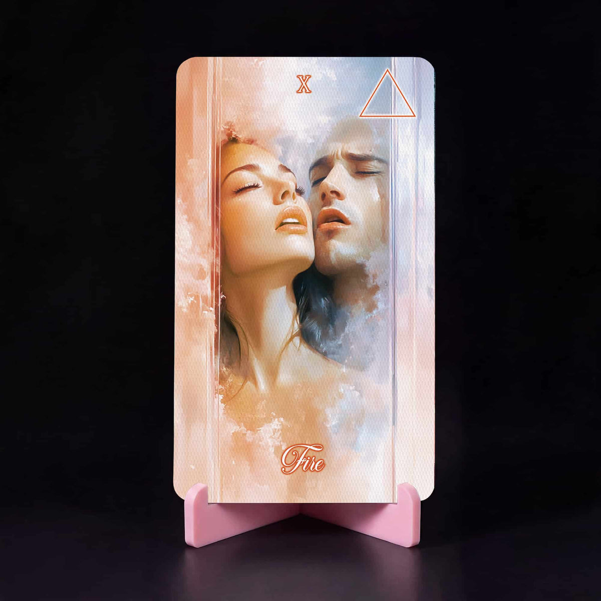 La Petite Flamme Tarot Ten of Fire card, lovers about to kiss in warm watercolour tones