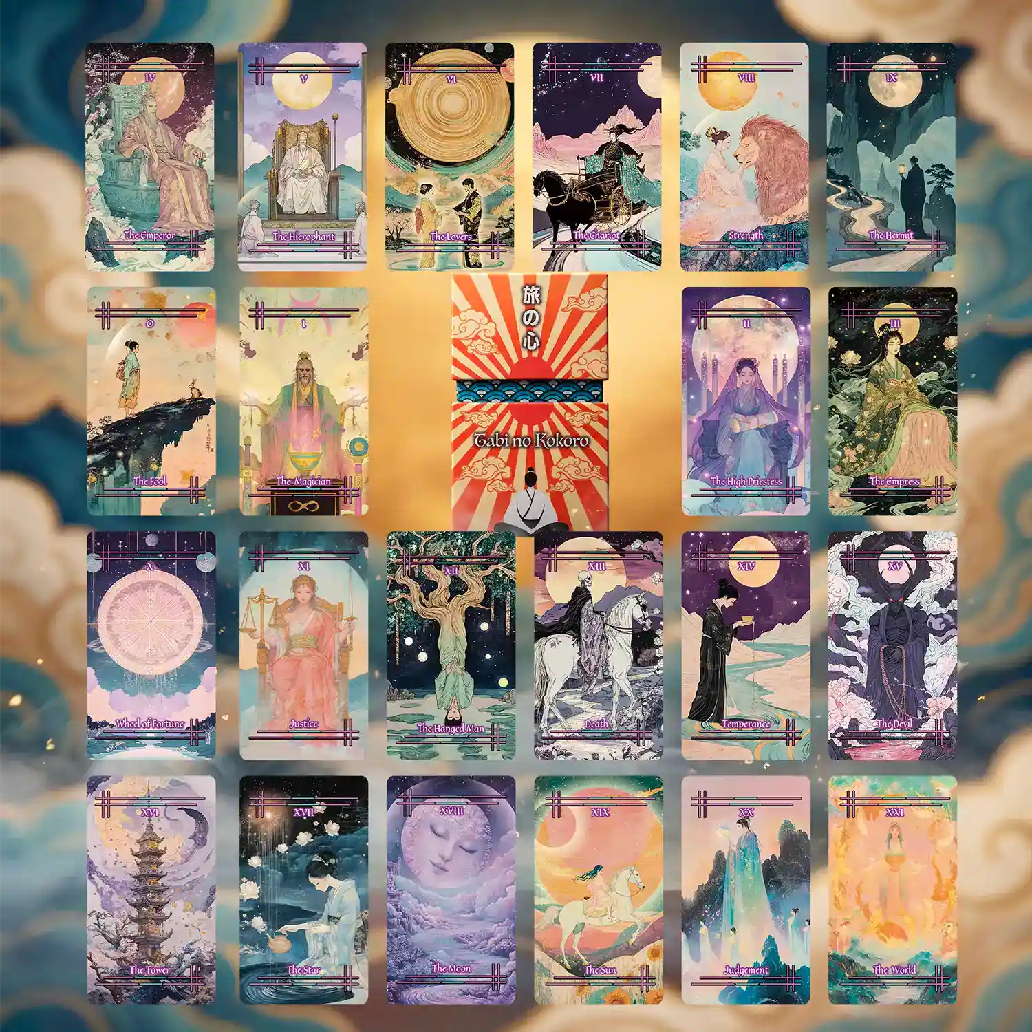 Tabi no Kokoro (Tarot Rider–Waite, 78 Cards, 350gsm Matte, Black Edges, Pink Metallic Foil)