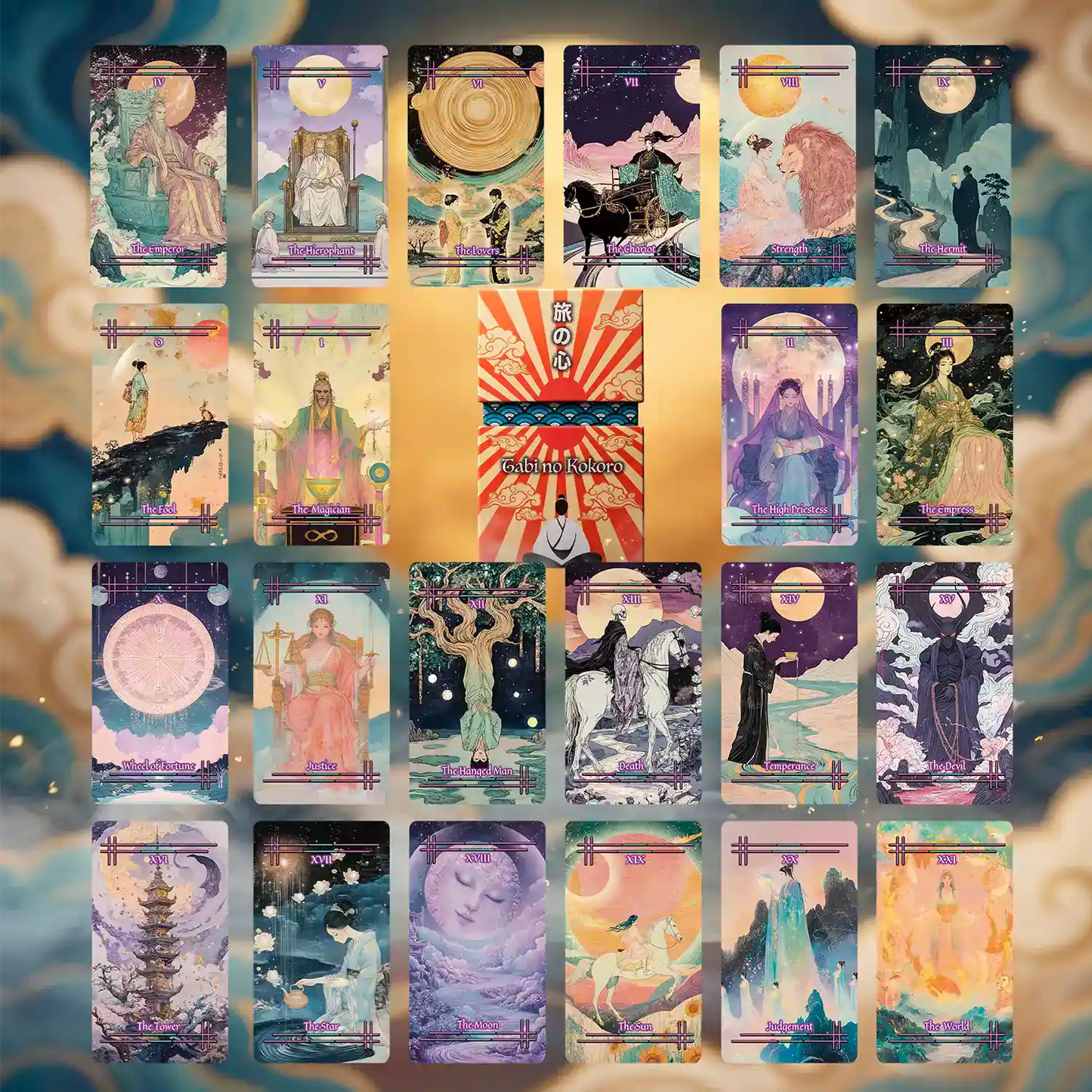 Tabi no Kokoro (Tarot Rider–Waite, 78 Cards, 350gsm Matte, Black Edges, Pink Metallic Foil)