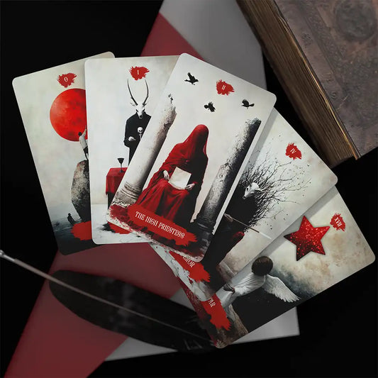 Occult tarot cards spread out, gothic dark red and black design, mystical divination deck