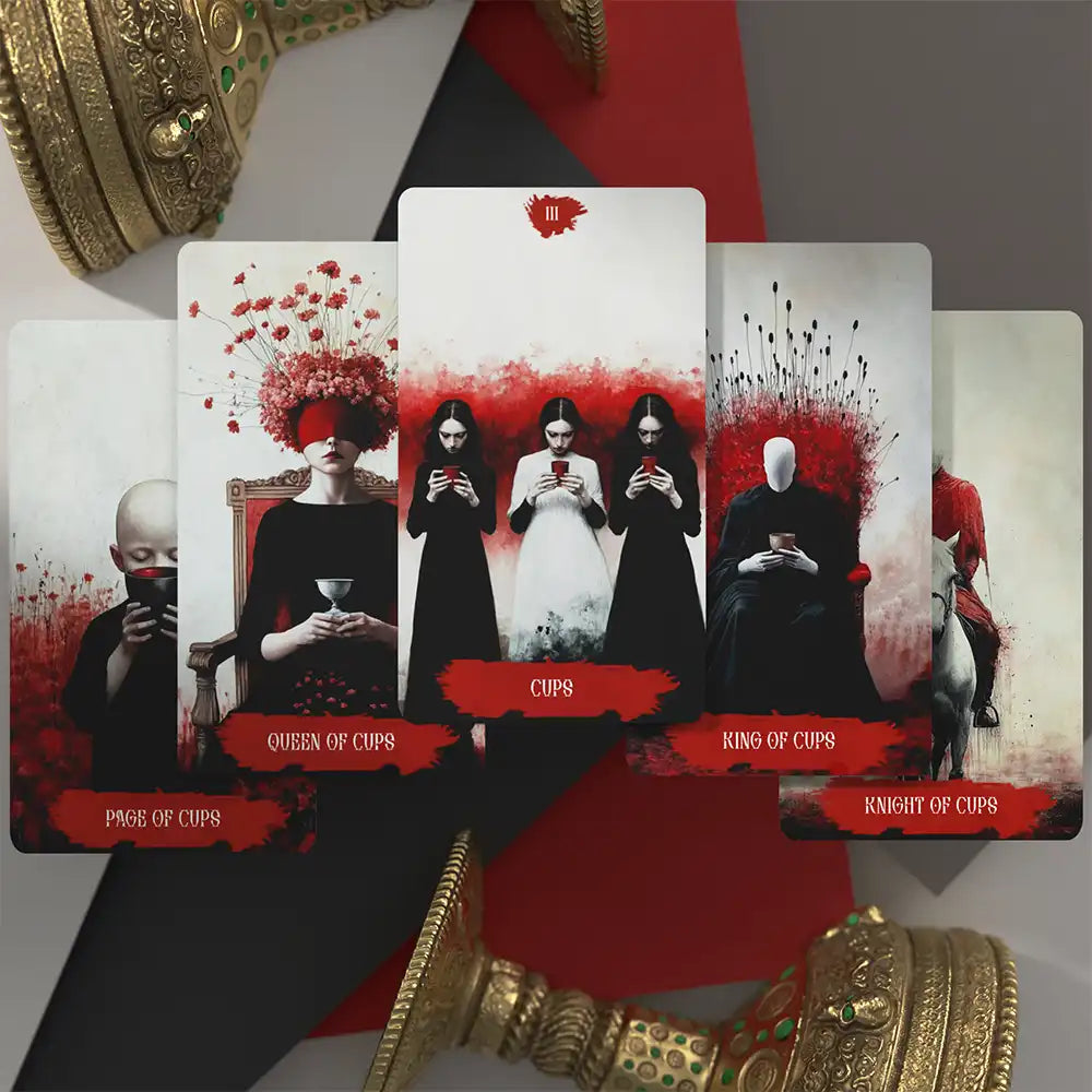 Occult Tarot deck – Cups suit cards with gothic faceless figures, eerie red-black fantasy design