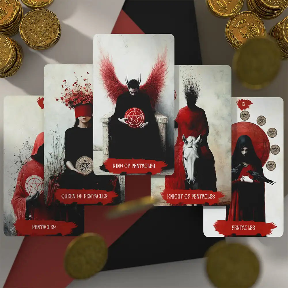 Pentacles tarot cards set: King, Queen, Knight of Pentacles in gothic red and black design, mystical divination deck with gold coins