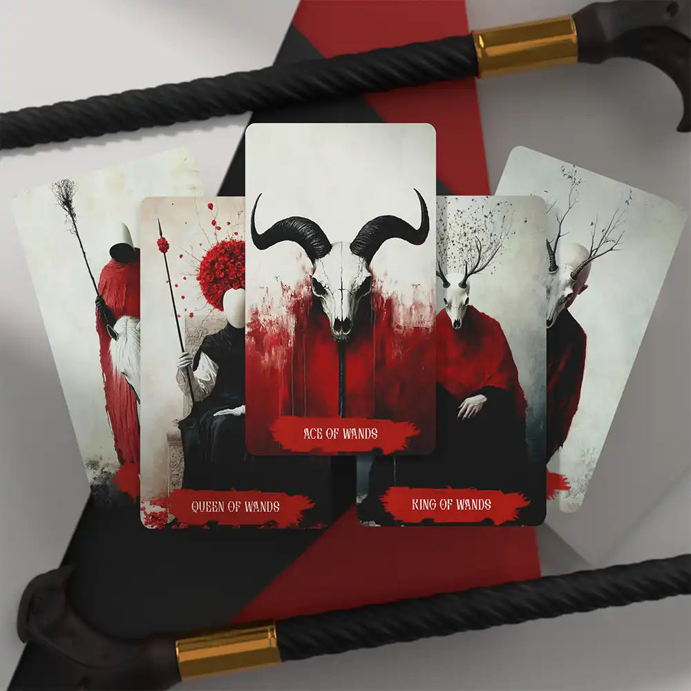 Occult Tarot Wands suit cards, gothic design with skulls, horns, faceless characters, red and black artwork