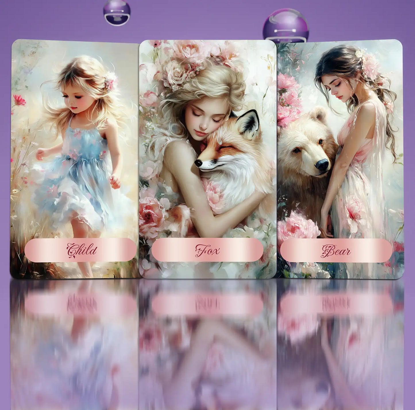 Three lenormand card-style illustrations of a girl with a doll, a girl with a fox, and a girl with a bear on a reflective surface.