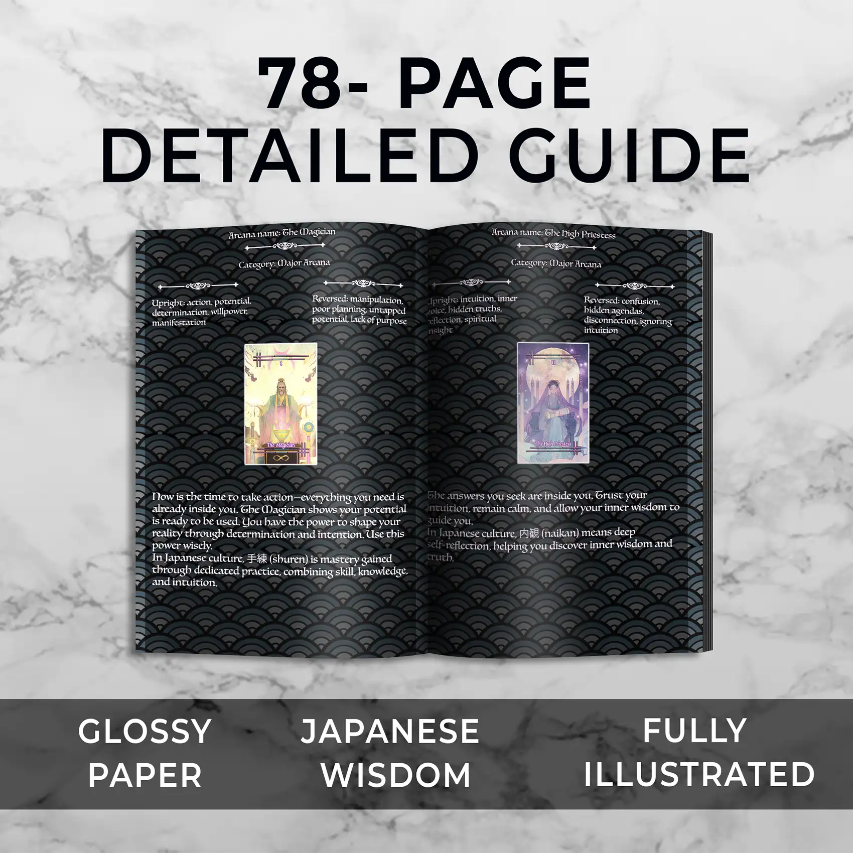 Open tarot guidebook with Japanese wisdom on a marble background, labeled as a 78-page detailed guide with glossy paper and illustrations.