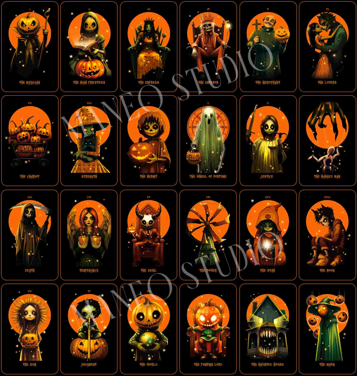 Halloween Tarot Major Arcana cards with three extra cards, featuring pumpkins, ghosts, witches, masks and dark seasonal artwork