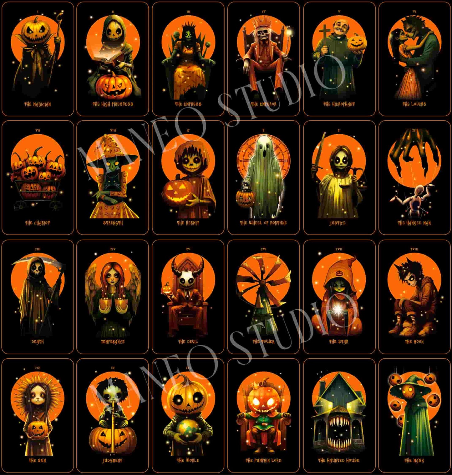Halloween Tarot Major Arcana cards with three extra cards, featuring pumpkins, ghosts, witches, masks and dark seasonal artwork