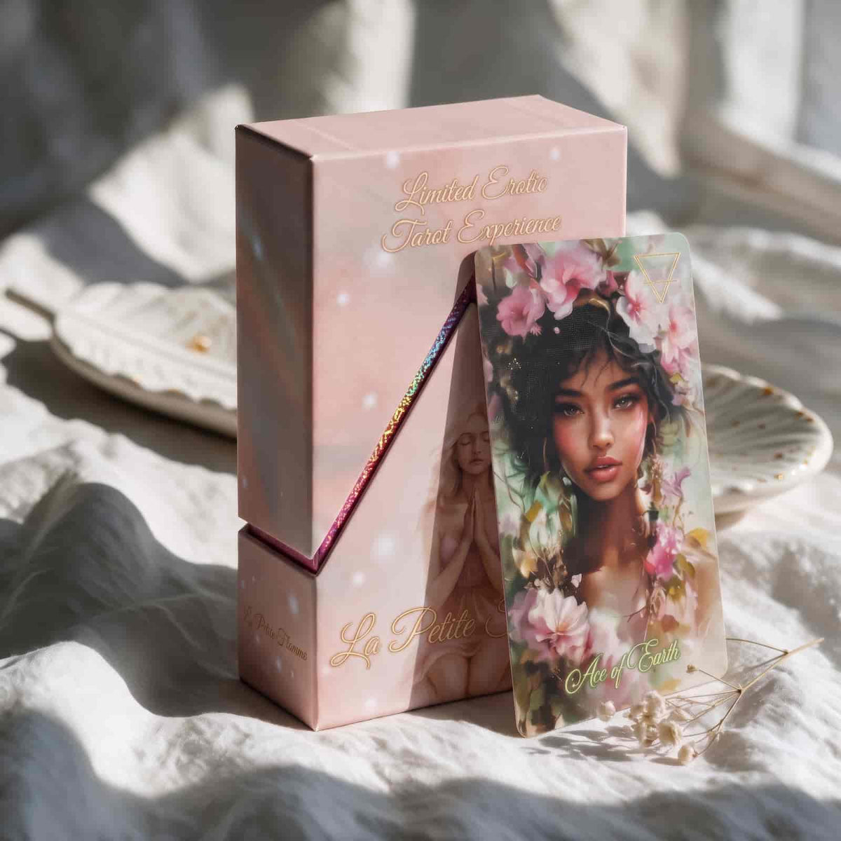 La Petite Flamme Tarot pink foiled box with Ace of Earth card, romantic pastel limited edition deck