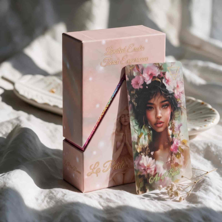 La Petite Flamme Tarot pink foiled box with Ace of Earth card, romantic pastel limited edition deck