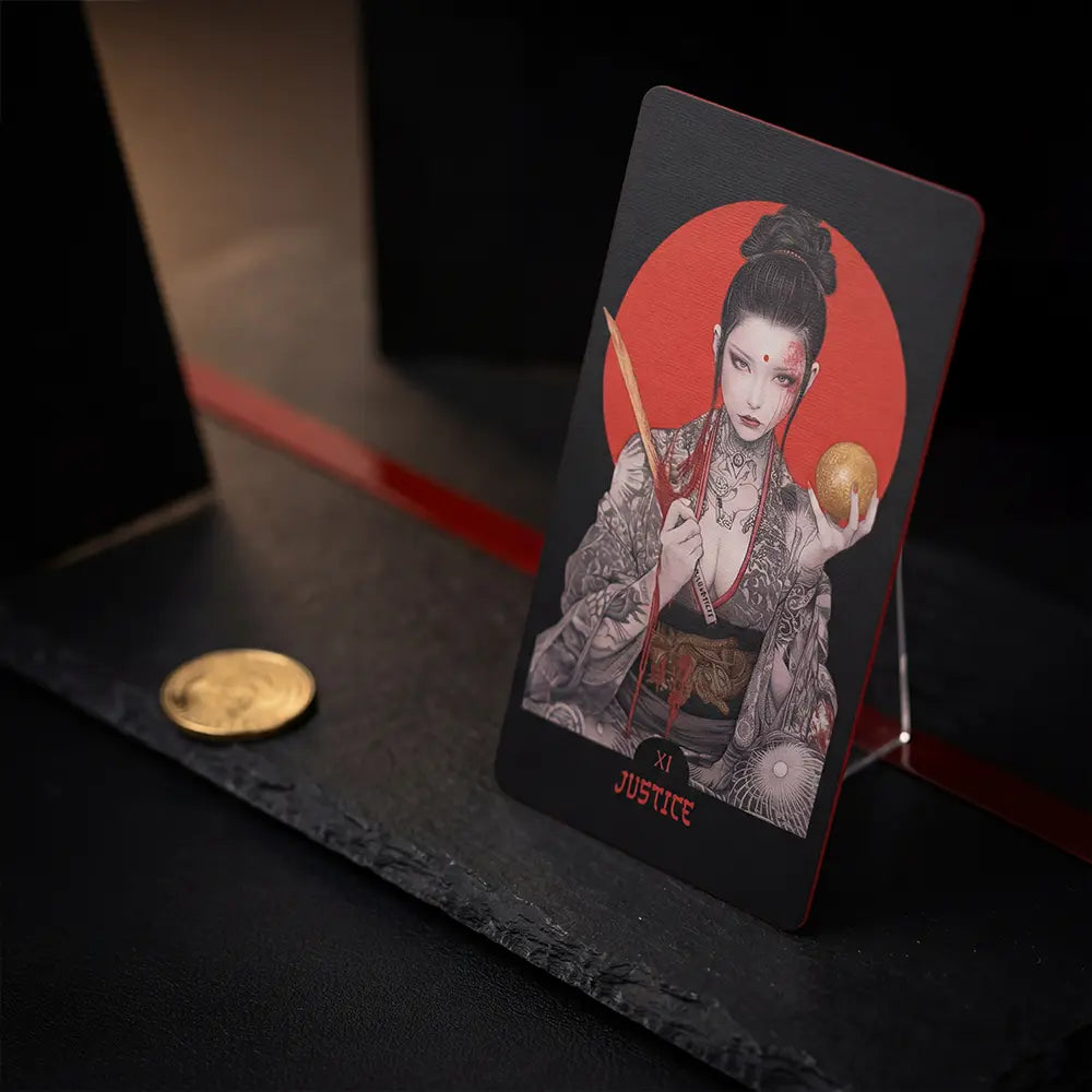 Justice Tarot Card – Yakuza Tarot Deck Close-Up with Crimson Accents