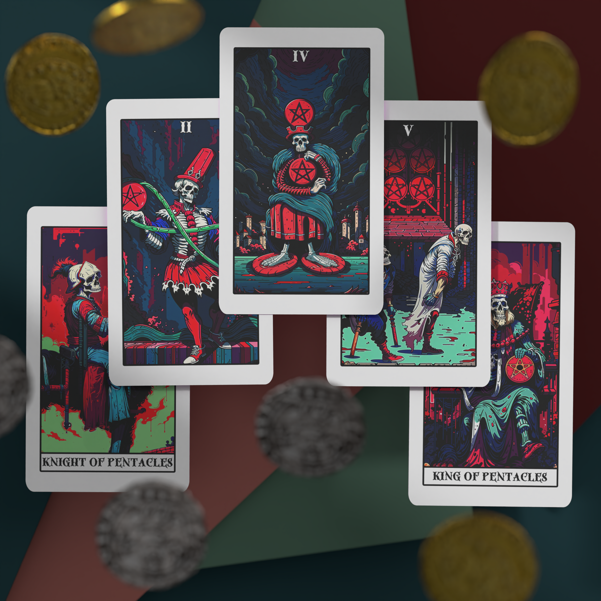 Necro Arcana tarot deck pentacles suit featuring gothic skeleton characters in surreal, horror-style illustrations. Includes King of Pentacles, Knight of Pentacles, and numbered pentacles cards with rich red, blue, and black hues. Ideal for collectors of dark-themed tarot, skeleton tarot cards, and gothic divination decks