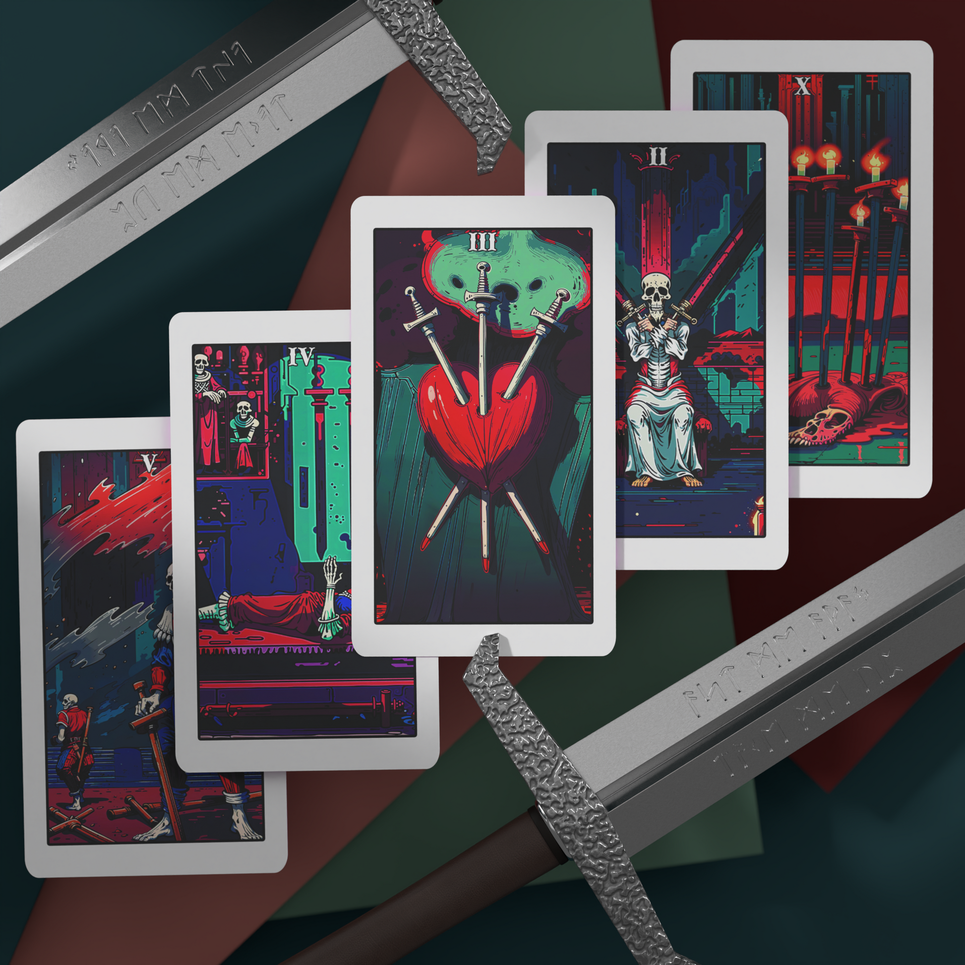 Necro Arcana Tarot Swords Suit – Gothic Skeleton Tarot Cards with Dark Sword Imagery, Illustrated Horror-Themed Tarot Deck for Divination and Occult Enthusiasts