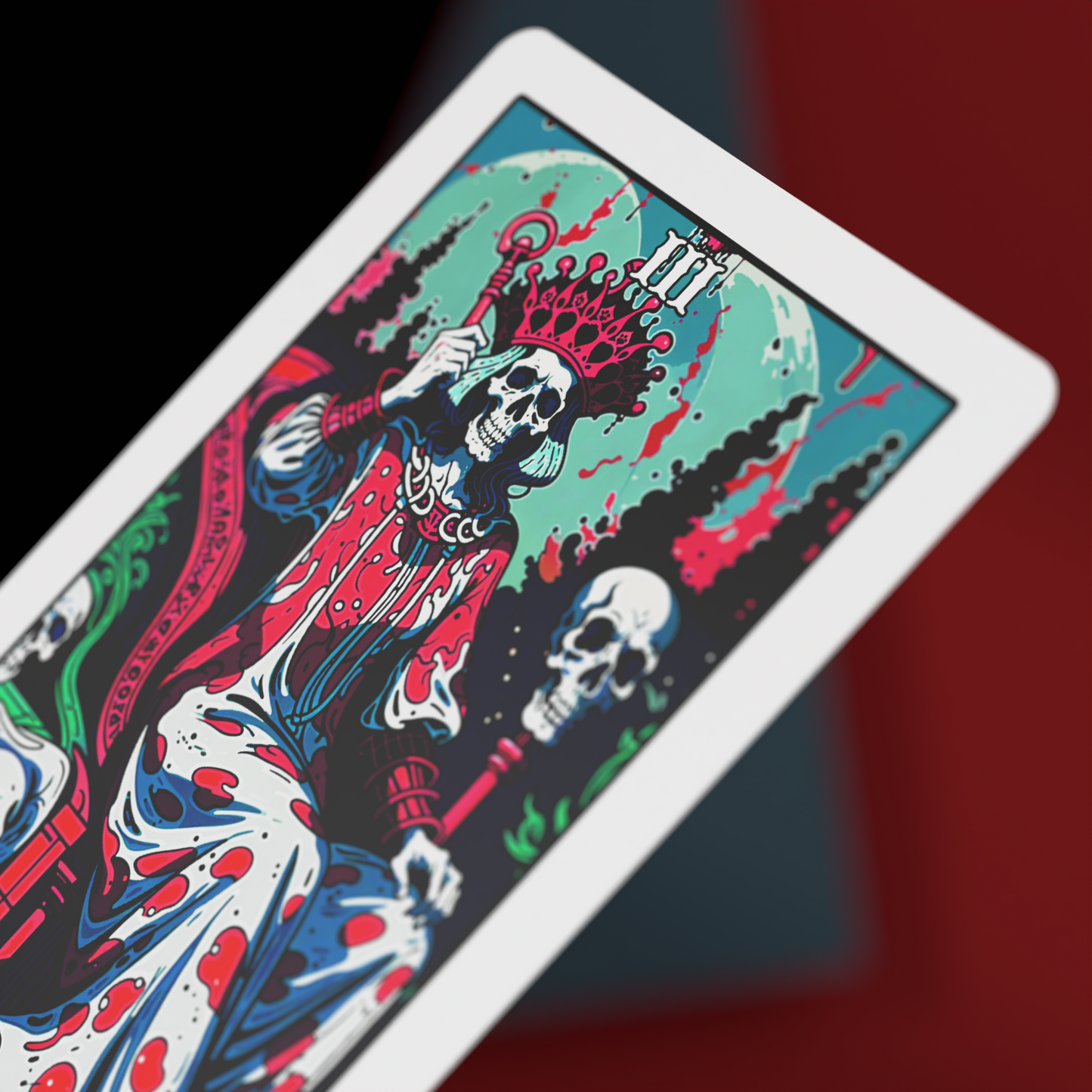 Close-up of The Emperor card from the Necropolis Tarot deck featuring a skeletal ruler in a red and white robe with a skull staff and a crimson crown, drawn in a dark psychedelic art style. Perfect for horror tarot decks, skull tarot themes, and collectors of gothic or macabre tarot