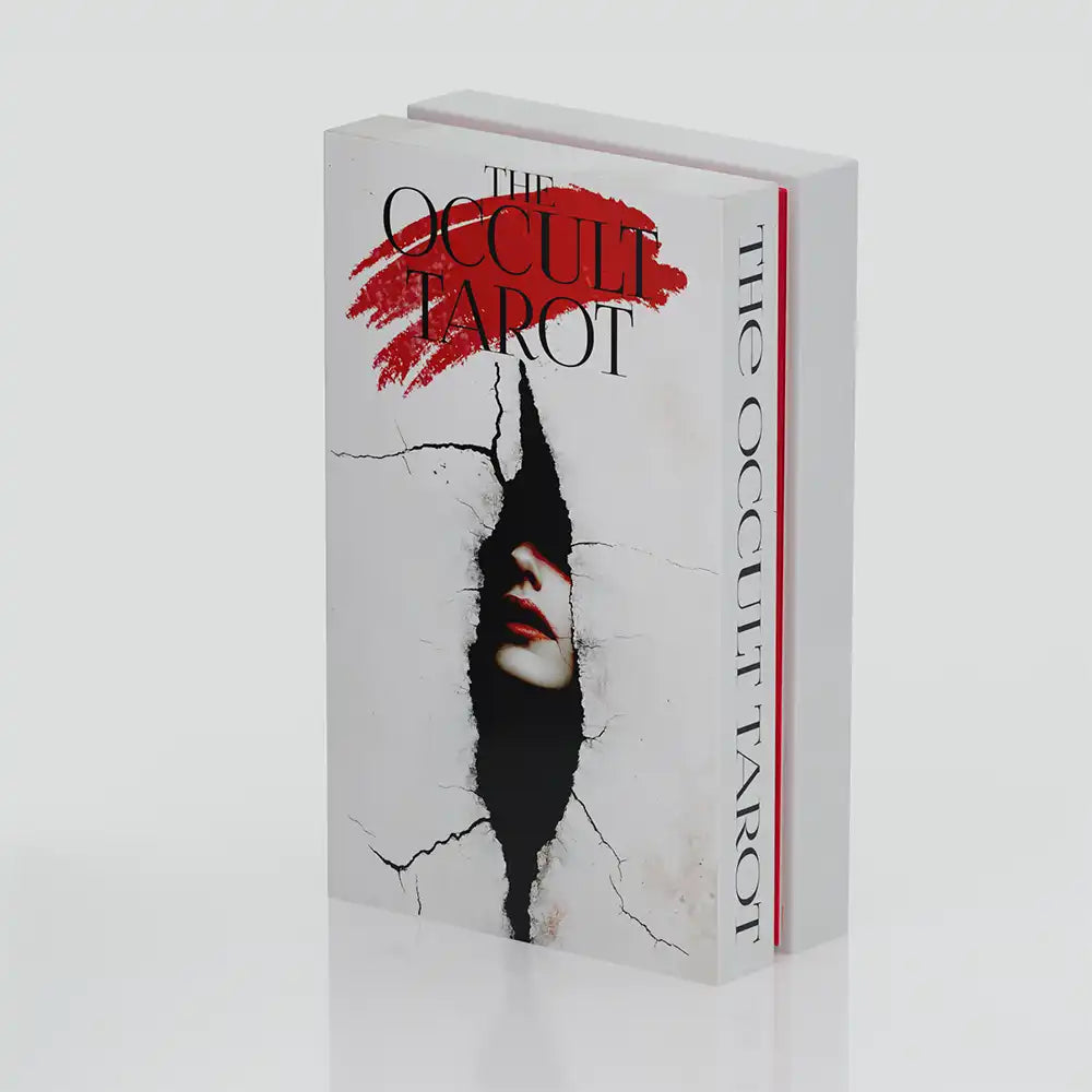 The Occult Tarot deck box, gothic design with cracked wall and mysterious female face, red and black occult artwork