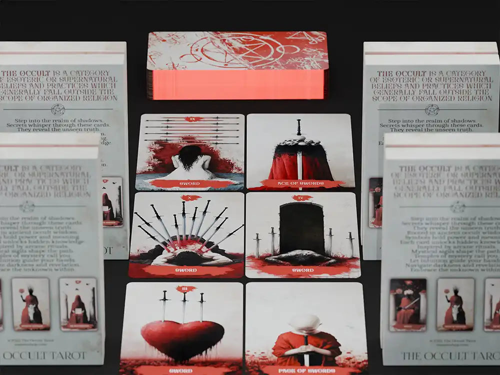 Occult tarot deck featuring swords suit and packaging layout