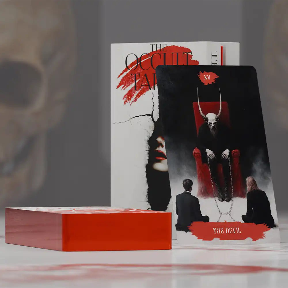 Occult tarot deck with devil card and red foil edges, gothic style