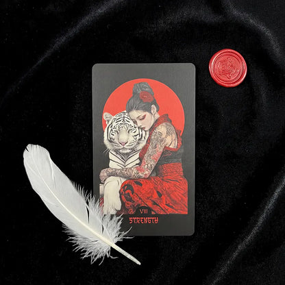 Strength Card – Yakuza Tarot Flatlay on Black Velvet (81 Cards, Matte Finish)
