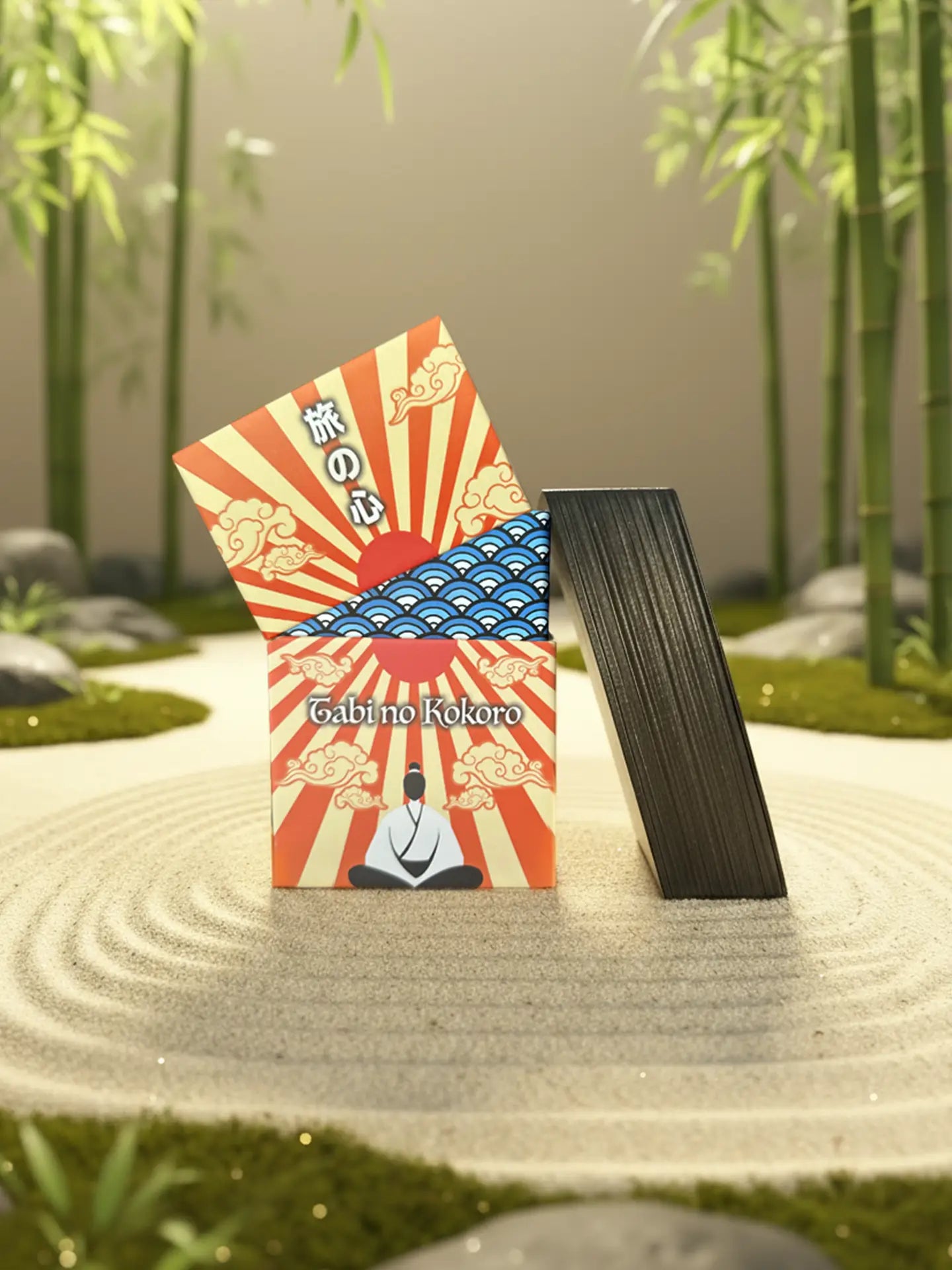 Tarot deck with Japanese design and text on a sand and bamboo background