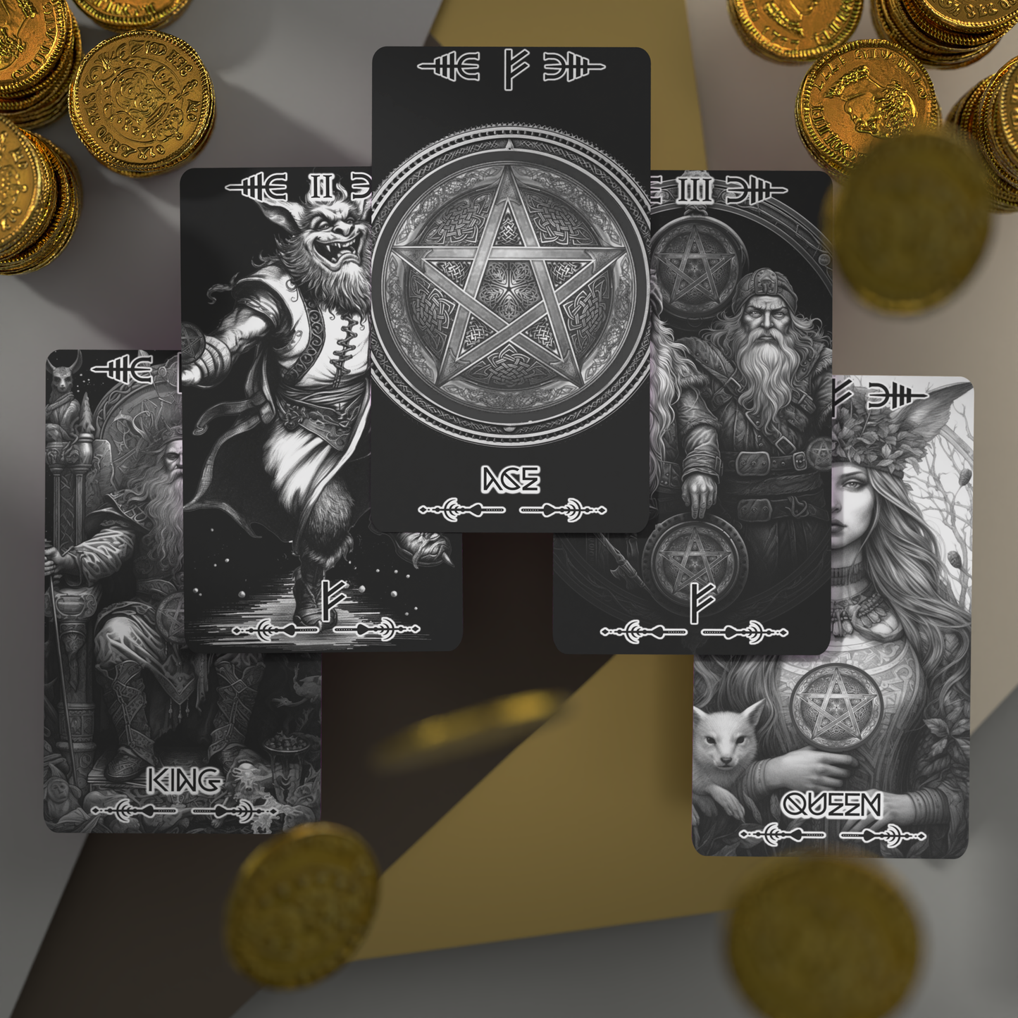 Viking Valor Tarot deck Pentacles suit cards including Ace, King, Queen, Page, and Three of Pentacles with Norse mythology inspired black and white illustrations and runic symbols, perfect for dark fantasy tarot readings and collectors of unique tarot art decks