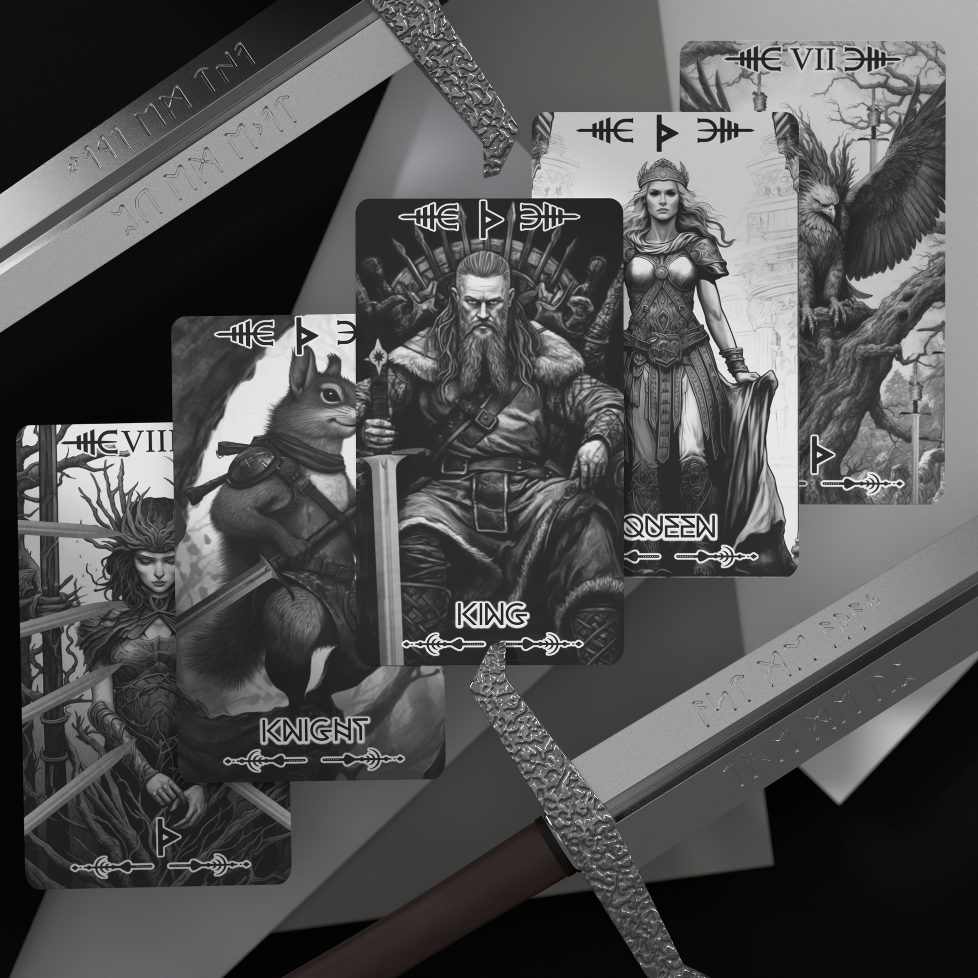 Viking black and white tarot cards featuring King, Queen, Knight, and mythological animals — fantasy Norse tarot deck for divination, rune-based esoteric cards, Viking-inspired tarot artwork for collectors and spiritual readings