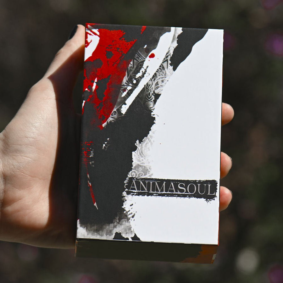 Hand holding AnimaSoul Tarot box with black, white and red ink brush design