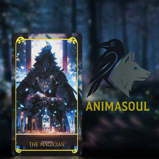 The Magician card from the Animasoul Tarot Deck, featuring a mystical crow figure in a dark fantasy setting