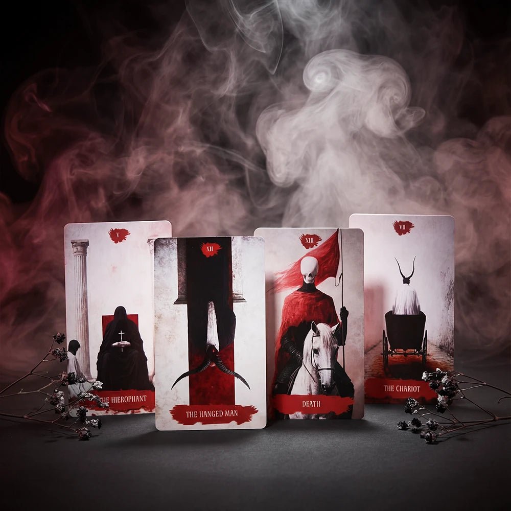 Arcana Obscura tarot cards Hierophant Hanged Man Death and Chariot displayed in dark smoky red composition