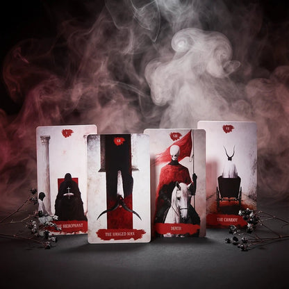 Arcana Obscura tarot cards Hierophant Hanged Man Death and Chariot displayed in dark smoky red composition