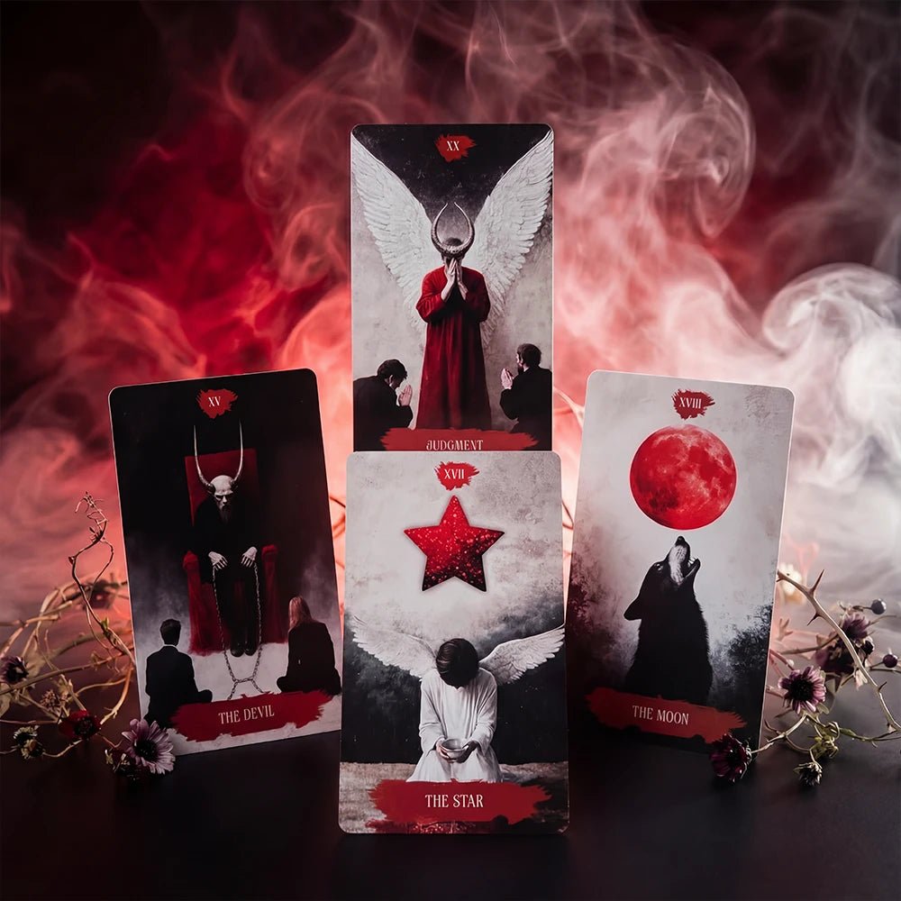 Arcana Obscura tarot cards Judgement Devil Star and Moon displayed in dramatic red smoke dark composition