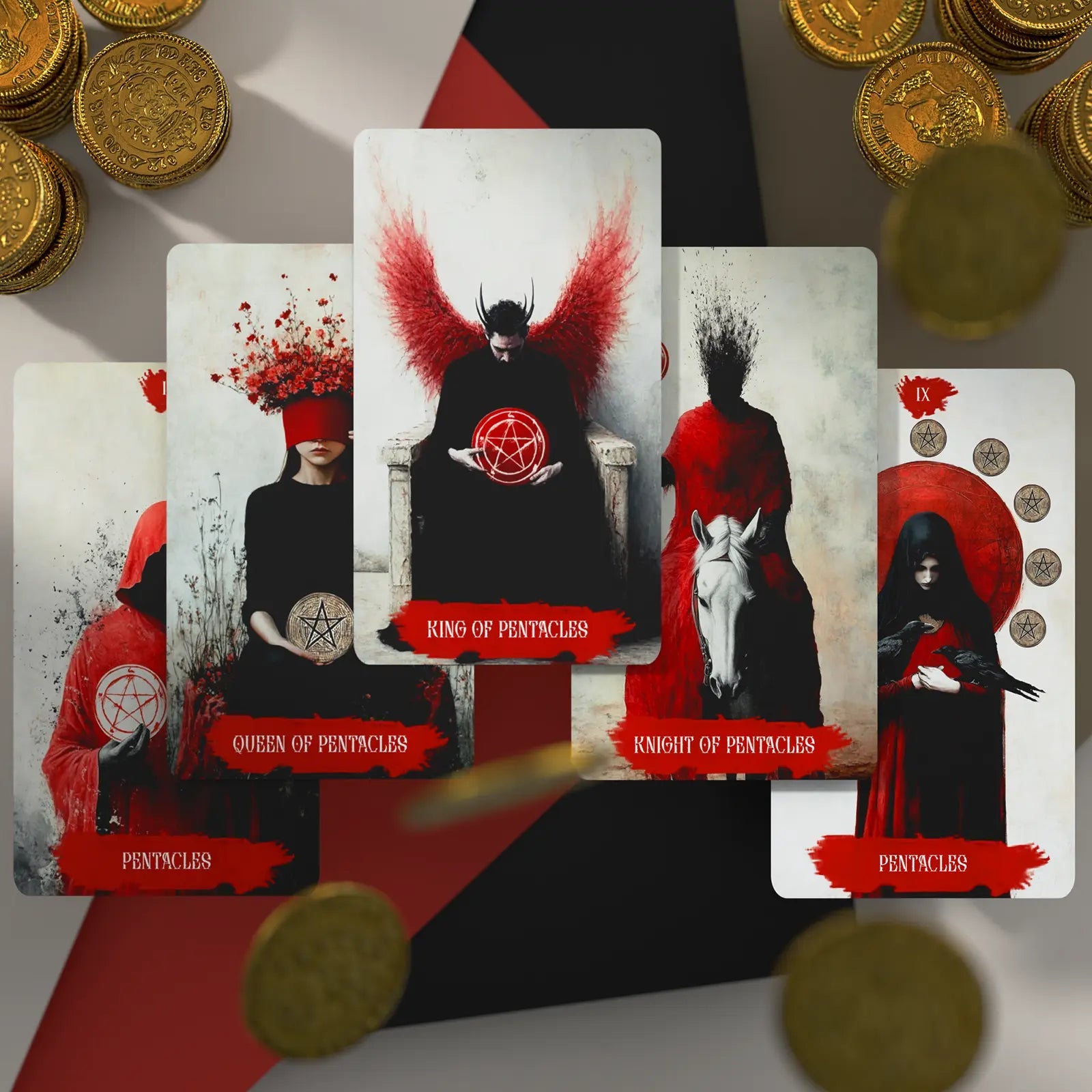 Arcana Obscura Pentacles tarot suit with King Queen Knight and coins falling around red black design