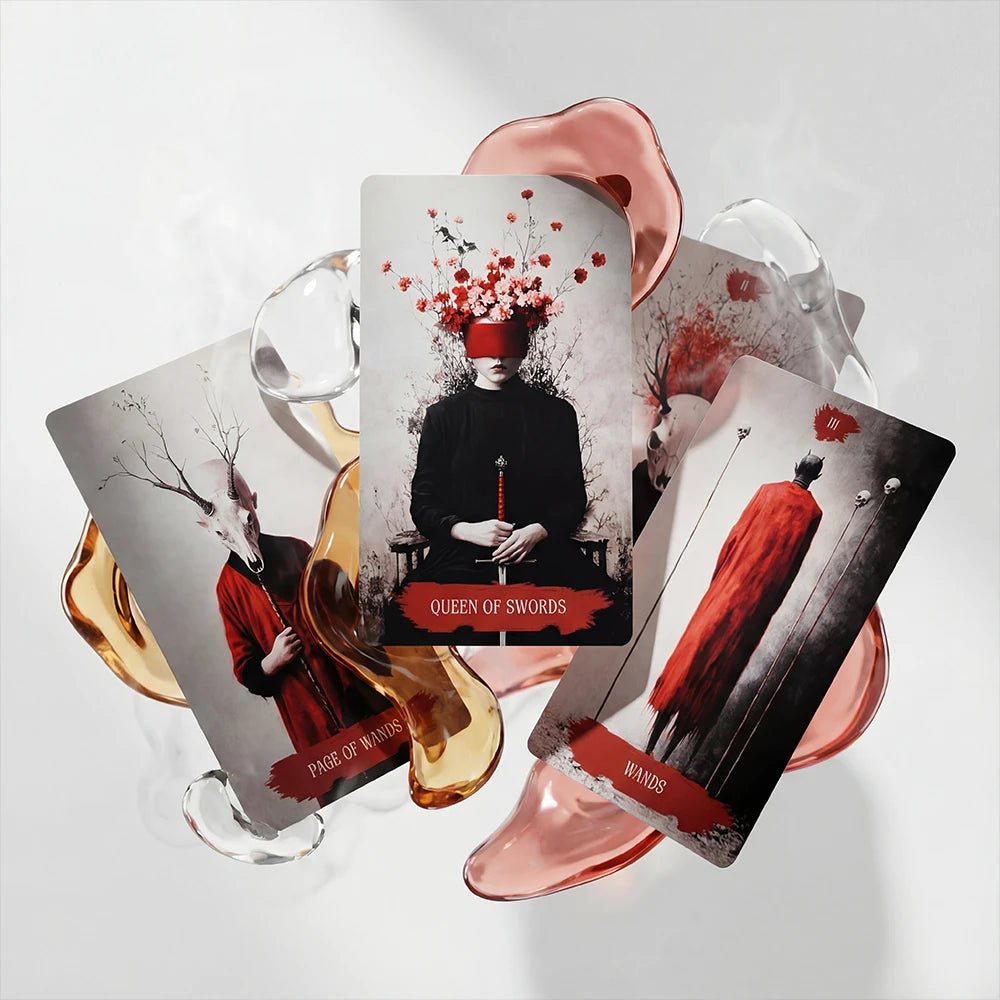 Arcana Obscura tarot cards including Queen of Swords Page of Wands and Wands in abstract red glass composition