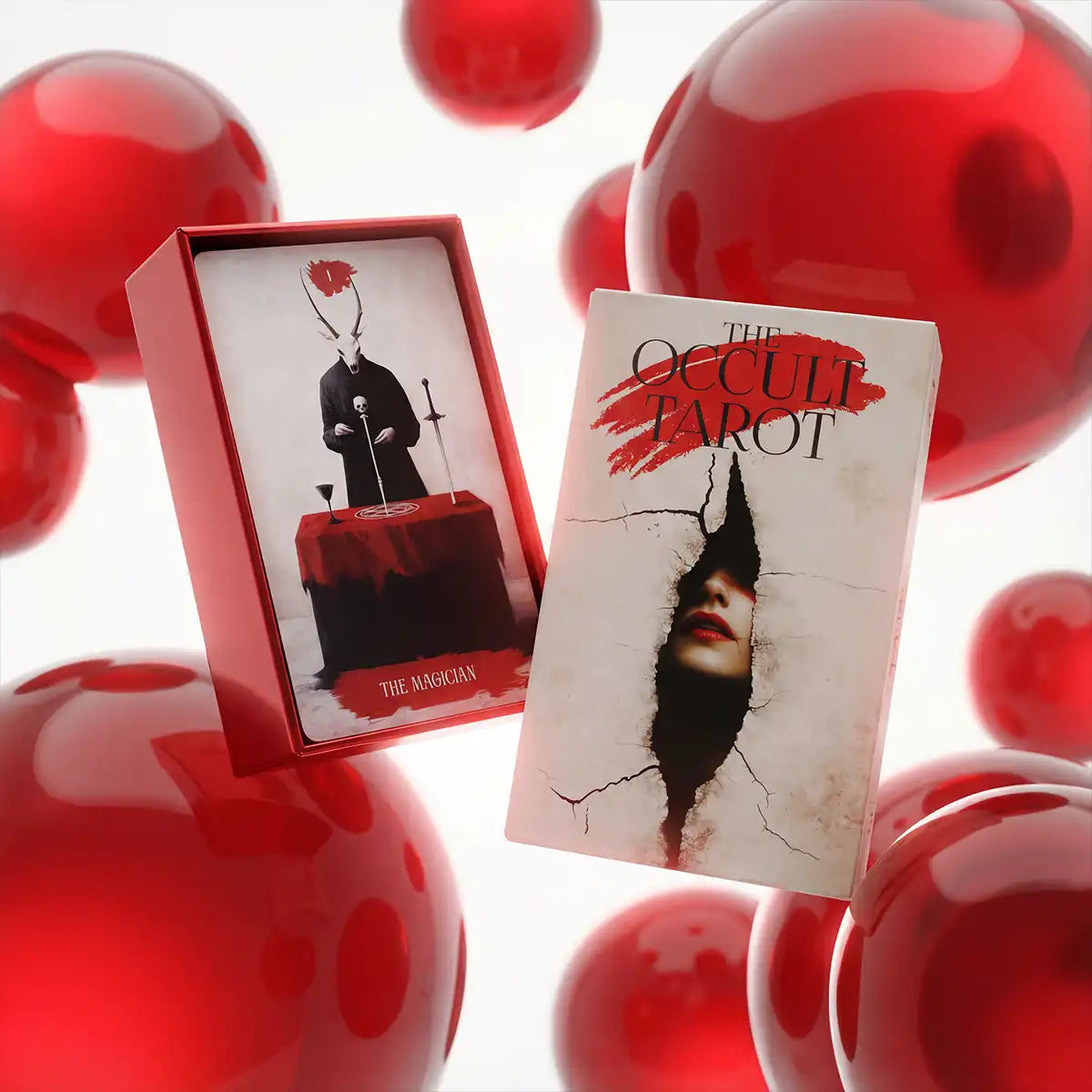 Arcana Obscura tarot deck with The Magician card and box floating among red spheres minimalist luxury scene