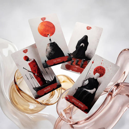 Arcana Obscura tarot cards The Fool Cups Swords and Queen of Wands displayed in flowing abstract glass composition