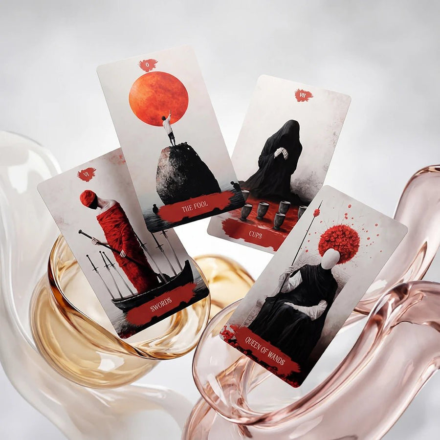 Arcana Obscura tarot cards The Fool Cups Swords and Queen of Wands displayed in flowing abstract glass composition