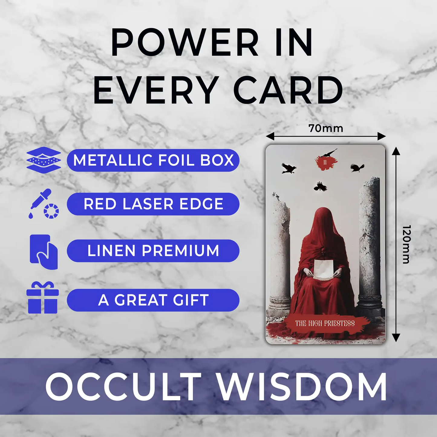 Card with red foil box, laser edge, linen premium, and a great gift on a marble background.