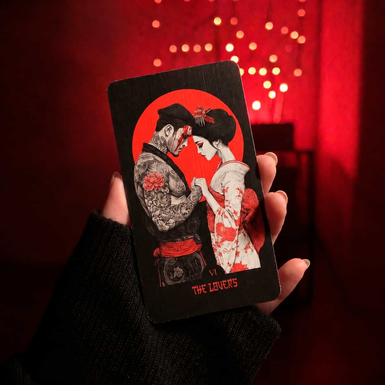 close up tarot card of yakuza Card featuring a couple in traditional attire with 'The Lovers' text against a red background. Lovers card of yakuza deck 